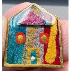 Vintage House Pin Hand Painted Mixed Media Signed 3/4"